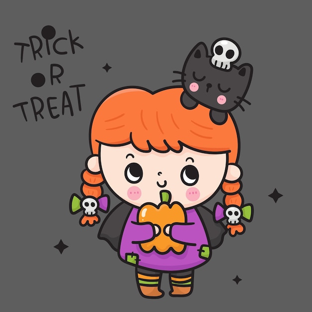 Vector halloween witch with cat kawaii kitten card