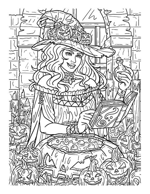 Vettore pagina da colorare per adulti strega di halloween con pozione