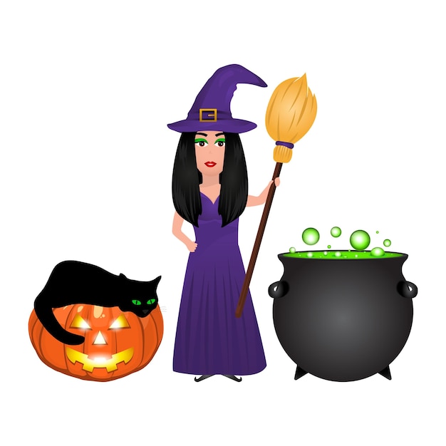 Vector halloween witch with potion potion and pumpkin lantern on a white background