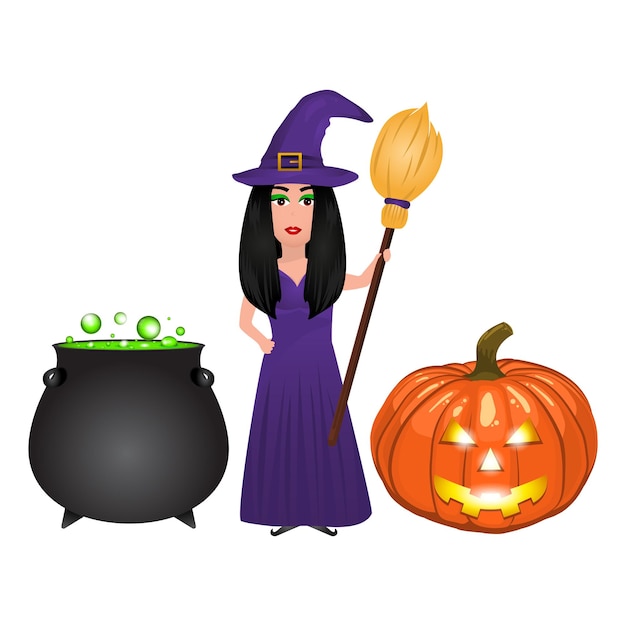 Halloween witch with potion potion and pumpkin lantern on a white background