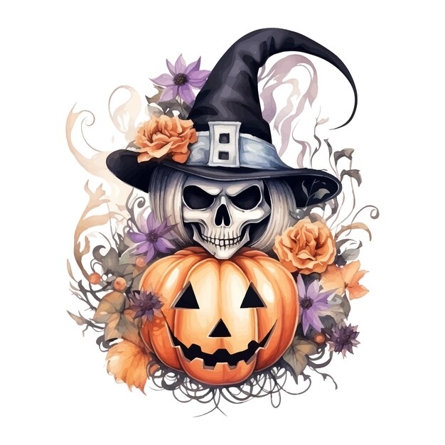 Halloween witch with pumpkin and flower decoration watercolor illustration