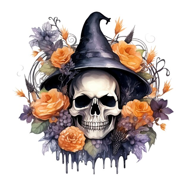 Vector halloween witch with pumpkin and flower decoration watercolor illustration