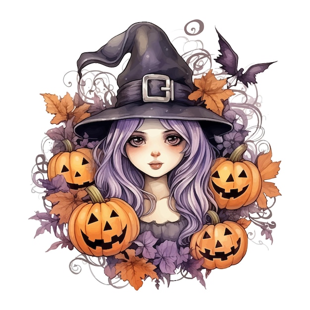 Vector halloween witch with pumpkin and flower decoration watercolor illustration