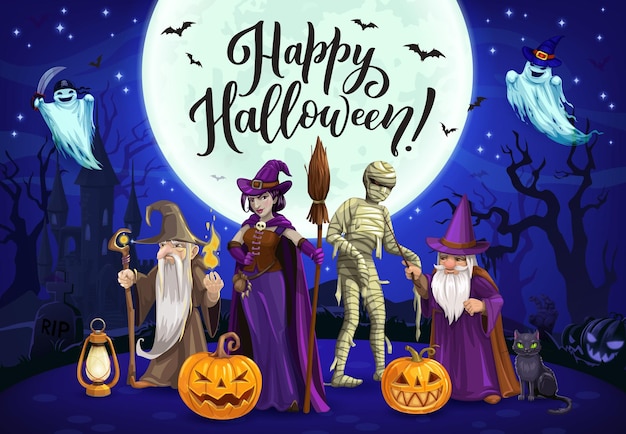 Halloween witch wizard mummy cartoon characters