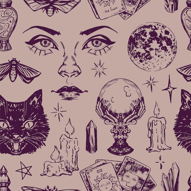 Vector halloween witchcraft seamless pattern ornament of realistic sketches of fortune teller inventory witch attributes occult items vector illustration in retro engraving style