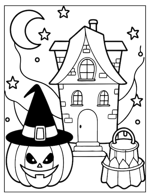 Halloween Witchs Lair coloring page design Halloween vector design black and white design