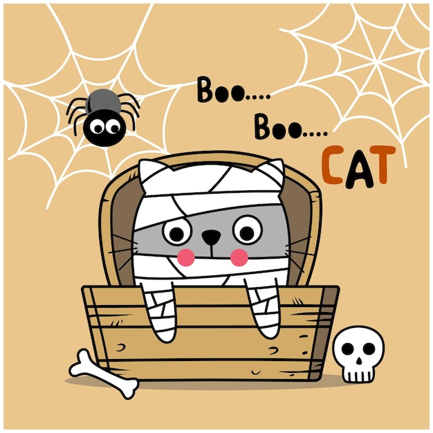 Vettore halloween con un gatto cartoon carino in costume di mummia