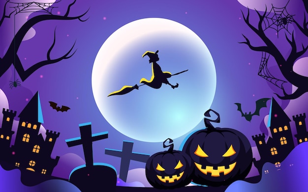 Halloween with jack-o-lantern in front and castle and moon in background, vector illustration