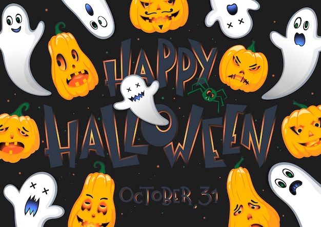 Halloween with lettering,angry pumpkins,ghosts and spider.