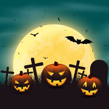 Premium Vector | Halloween with pumpkins in the graveyard, and a brigh