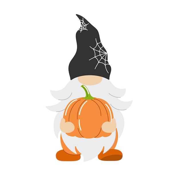 Halloween wizard gnome holding a pumpkin Happy Halloween Vector illustration design template for banner or poster