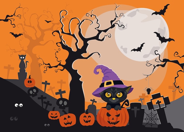 Vector halloween wizard kitten inside a pumpkin on a moonlit night