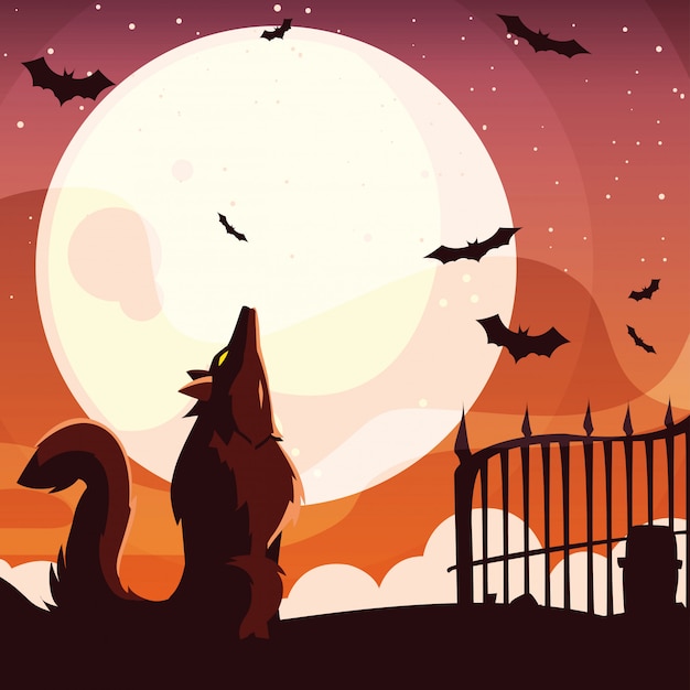 Halloween-wolf die onder volle maan huilt