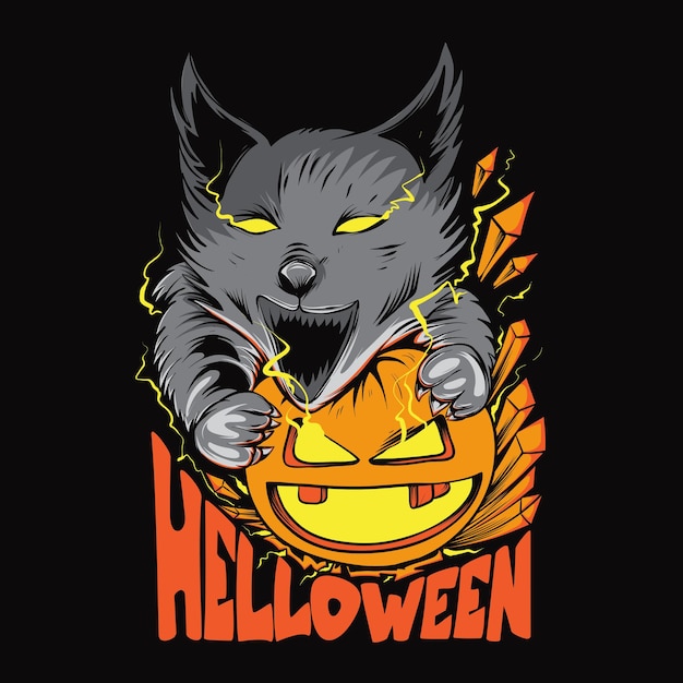 Halloween-wolf en pompoenillustratie voor t-shirtontwerp en bedrukking