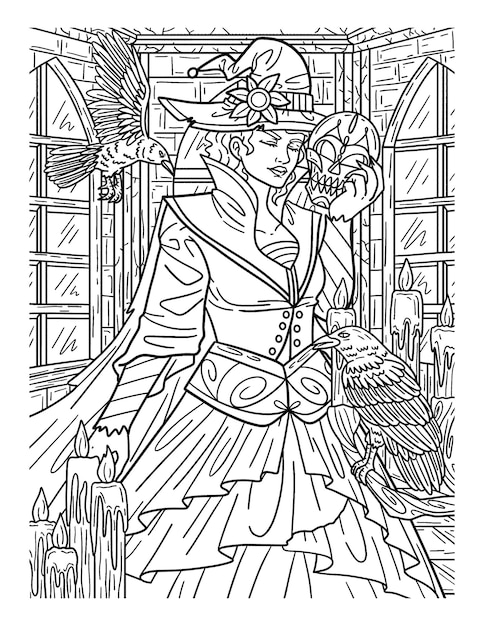 Vector halloween woman with mask coloring page for adults