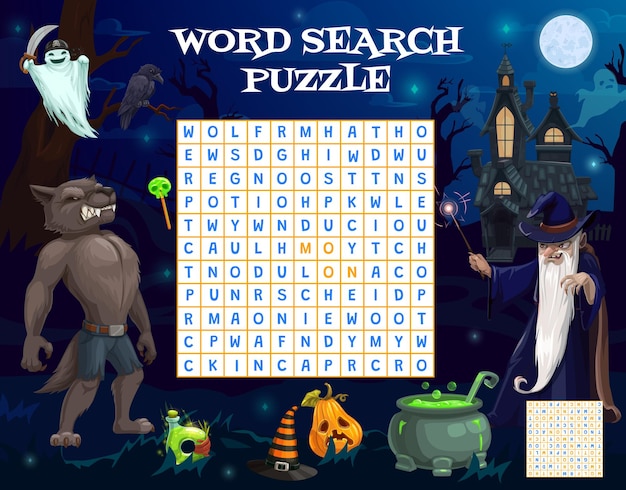 Halloween word search game worksheet with sorcerer, werewolf, ghost and sweets, vector. kids riddle puzzle to find word with halloween cartoon characters, pumpkin lantern, potion cauldron and skull