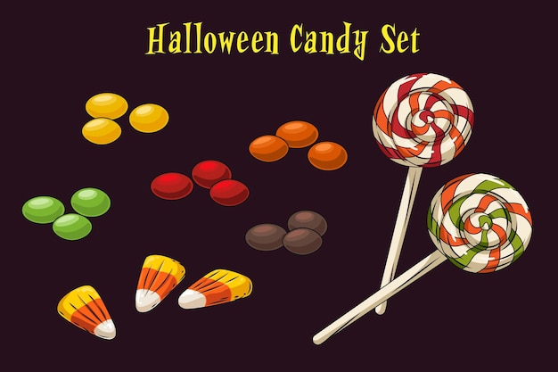 Halloween zoete lekkernijen set Snoepjes en snacks Harde snoep lolly snoep maïs Vector illustratie Goed voor vakantieontwerpen