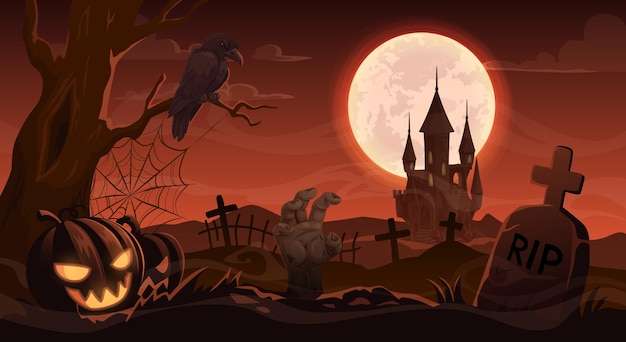 Надгробная плита руки зомби хеллоуина на кладбище
