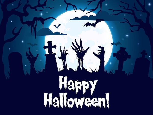 Halloween zombie hands silhouettes on cemetery