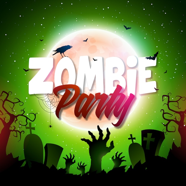 Halloween zombie party иллюстрация с кладбищем и луной