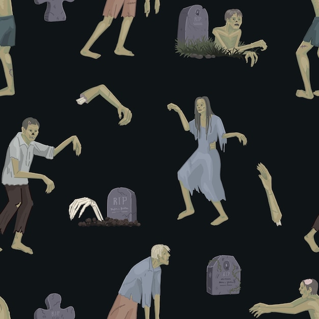 Vettore modello senza cuciture di zombie di halloween ornamento di lapidi che camminano morti mostri spaventosi tombe illustrazione vettoriale in stile cartone animato