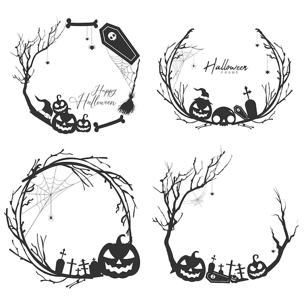 Vector halloween zwart-wit cirkelframe concept met boomtakken en heksenhoed