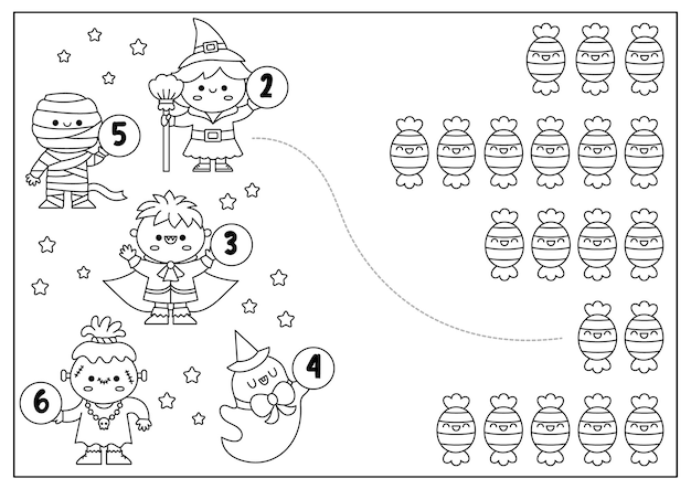 Halloween zwart-wit matching game met trick or treat-snoepjes en schattige kawaii-kinderen