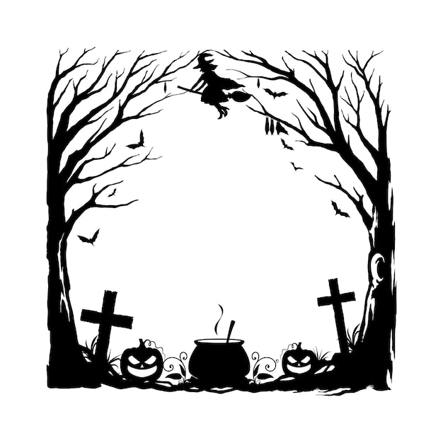 Halloween zwarte frame met begraafplaats pompoenen ketel heks vliegen op bezem vleermuizen en griezelige bomen silhouetten vector vierkant rand met Hallowmas feest decor en spookachtige personages