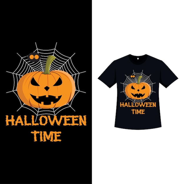 Vector halloween zwarte kleur tshirt ontwerp met een enge pompoen halloween element ontwerp met een kwaad pompoen lantaarn spinnenweb en kalligrafie spooky tshirt ontwerp voor halloween