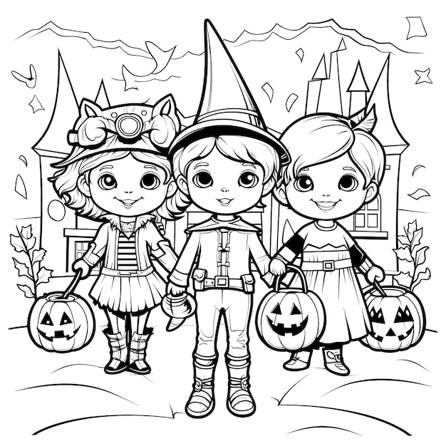 Halloweenfeest voor kinderen zwart-wit kleurplaat voor kinderen en volwassenen lijntekeningen eenvoudige cartoonstijl gelukkig schattig en grappig