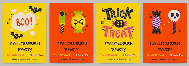 Halloweenfeest Wenskaarten of posters met kalligrafie trick or treat snoep