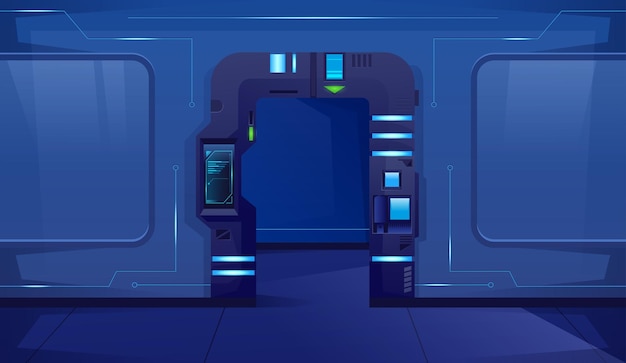 Vector hallway with open blue door in futuristic style spaceship interior