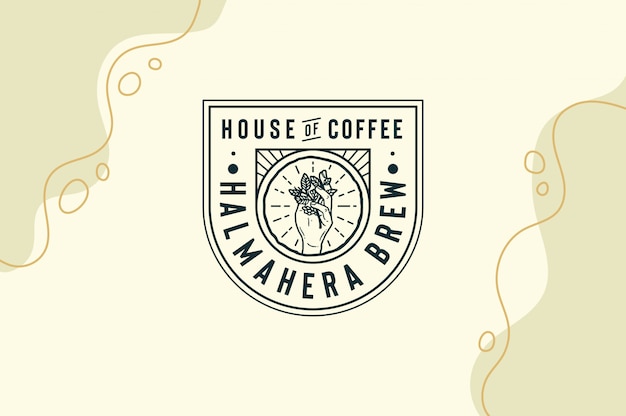 Кофейня Halmahera Brew House с кофейным листом в руке, логотипом, полностью редактируемый текст, цвет и контур