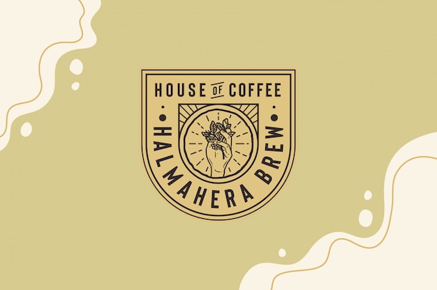 Halmahera Brew House of Coffee 커피 로고와 손 잡고 완전히 편집 가능한 텍스트, 색상 및 개요