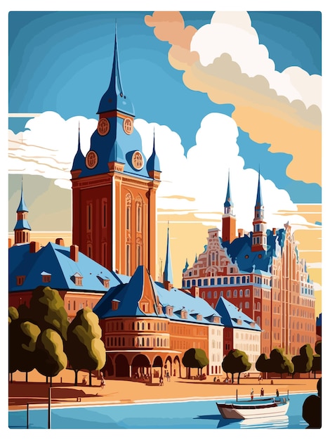 Vettore halmstad svezia vintage travel poster souvenir postcard ritratto pittura wpa illustrazione