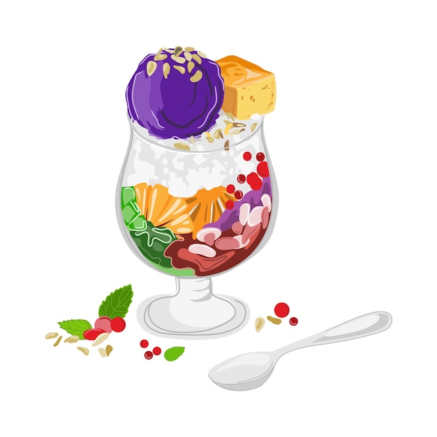 Vector halo halo traditional shaved ice,with fruits and sweet beans.filipino traditional dessert vector