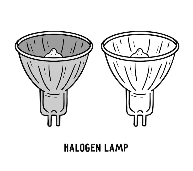 Vector halogen tungsten lamp incandescent light bulb icon in linear doodle style