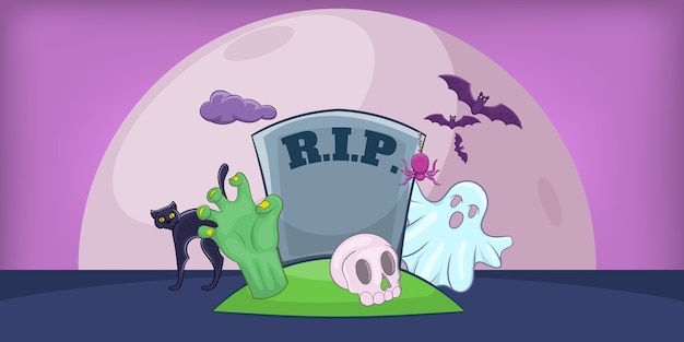 Vettore fondo orizzontale del cimitero di haloween, stile del fumetto