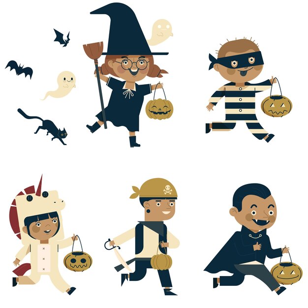 Vector haloween characters icons joyful costumed kids sketch