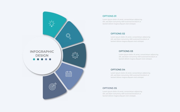 Halve cirkel pie chart verdeeld in 5 delen Concept van vijf stappen infographic