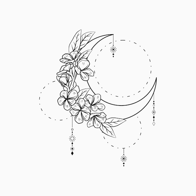 Halve maan dromenvanger met prachtige bloemenlijntekeningen