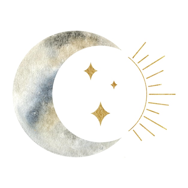 Halve maan en zon esoterische tekens en symbolen waterverfillustraties over het onderwerp astrologie