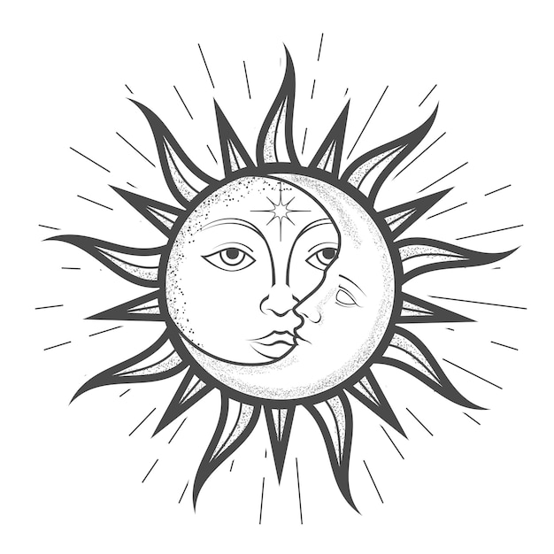 Halve maan in de zon met een gezicht magische astrologie en hemelse alchemie sterrenbeeld tarot apparaat van het universum esoterische symbool vector