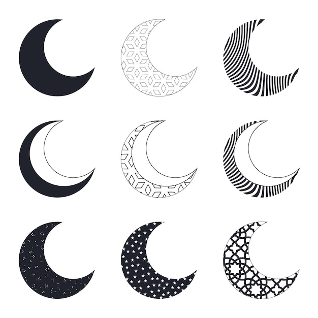 Halve maan met verschillende patronen en ontwerp met witte achtergrond voor moslim bannerontwerp