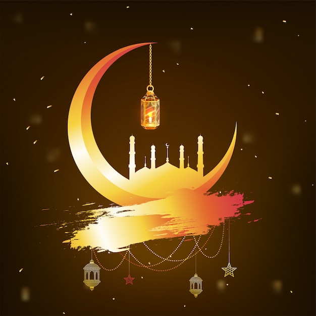 Vector halve maan, moskee en hangende verlichte lantaarn op glanzende bruine achtergrond.