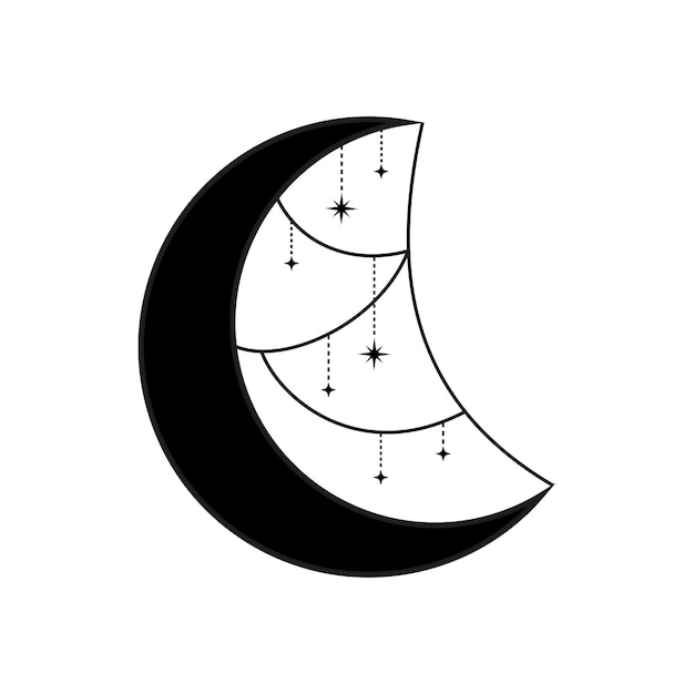 Halve maan silhouet met hangende sterren icoon