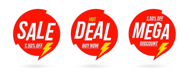 Halve prijs hot deal om te winkelen verkoop ronde sjabloon set. rode sticker, badge, label met megakortingverkoop tot 50 procent korting, aanbieding nu kopen en bliksemschichtontwerp vectorillustratie geïsoleerd