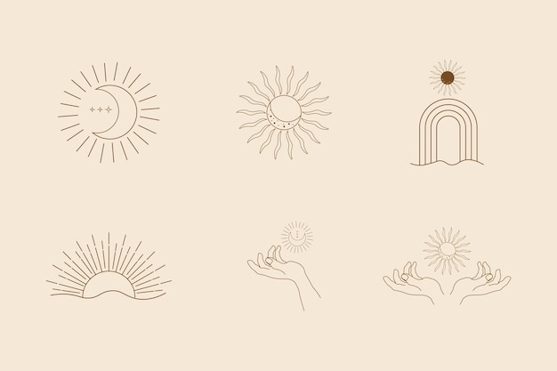 halverwege de eeuw minimalistische esthetische symbolen met zon hand en maan illustrtion boho tijdgenoot