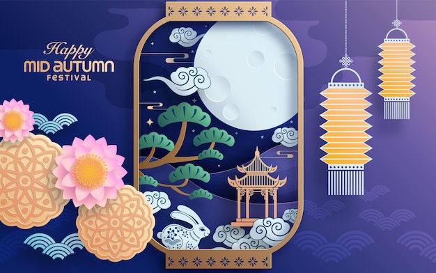Halverwege de herfstfestivalpapierkunststijl met volle maan, maancake, Chinese lantaarn en konijnen