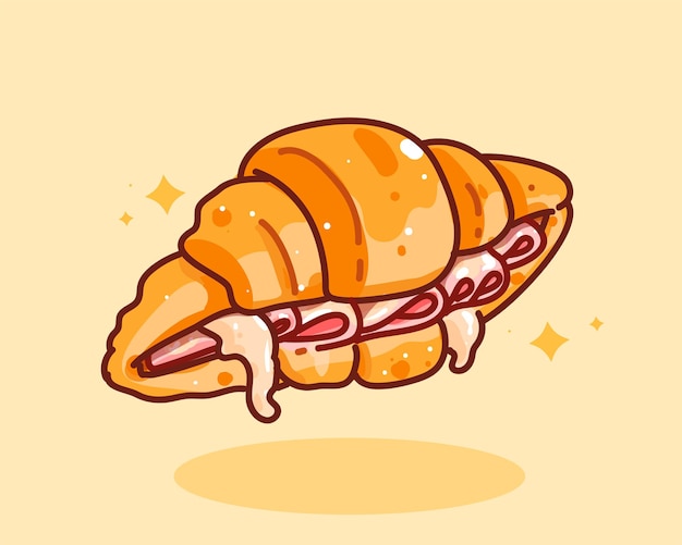 Ham en Kaas Croissants ontbijt lekker eten brood bakkerij logo cartoon handgetekende cartoon kunst illustratie